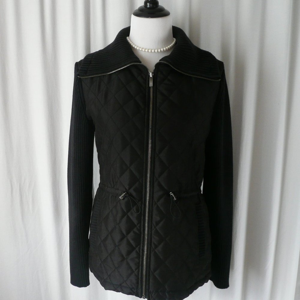 Jones New York Signature Black Quilt Front Zip Up Sweater Jacket Sz M